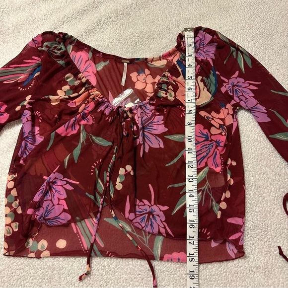 Free People Red Floral Print of Paradise Mesh Tie Front Crop Top Bell Sleeve - Picture 8 of 12